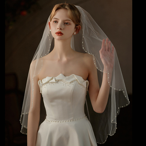 V737新款波浪边婚礼头纱 超仙白色短款单层串珠新娘结婚旅拍头饰