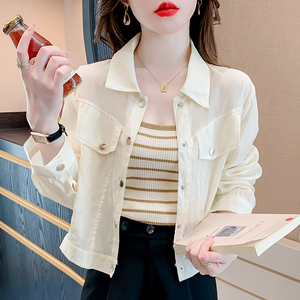 韩版长袖衬衫女夏季短外套2024夏装新款纯色防晒开衫短款上衣小衫