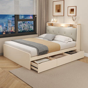 小户型单人床箱体奶油风储物儿童床可收纳高箱小床现代简约板式床