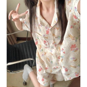 睡衣女夏季新款韩版可爱卡通气球小熊双层棉纱短袖套装薄款可外穿