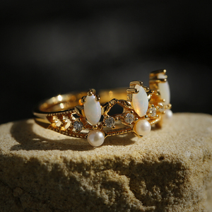 《公主与骑士》原创设计复古皇冠戒指银镀金双层欧泊开口指环礼物