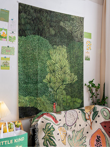 绿色森林插画背景布卧室墙面装饰挂布房间餐厅墙上布置绿植背景墙