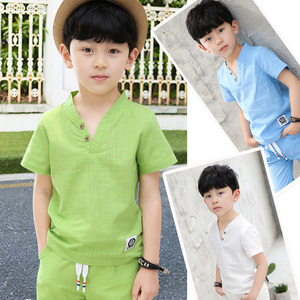 童装男童夏装棉麻短袖套装儿童2024新款夏季中大童男孩两件套韩版