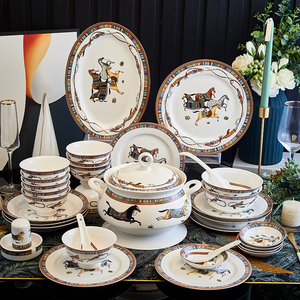 碗碟套装 家用欧式简约陶瓷58头骨瓷餐具套装 景德镇陶瓷碗盘组合