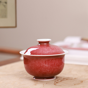 沐茗窑豇豆红釉如意盖碗单个景德镇纯手工中国风高档泡茶碗不烫手