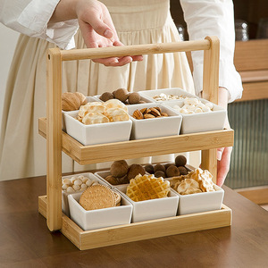 酒店餐厅双层甜品托盘提篮配菜零食格干果盒日式竹木烤肉寿司盘
