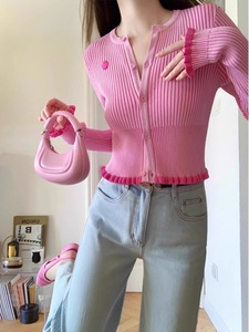 法式粉色针织开衫外套女2024新款春秋薄款短款小个子长袖上衣毛衣