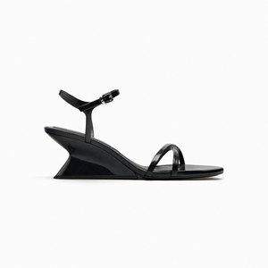 ZA2024夏季新款黑色百搭一字扣式性感粗跟气质细带坡跟凉鞋露趾女