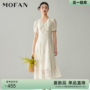 MOFAN摩凡蕾丝镂空茶歇裙显瘦2024夏轻奢高级感米色高腰连衣裙
