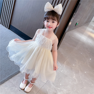 女童白色连衣裙2024夏季新款儿童韩版吊带网纱裙女宝宝公主裙裙子