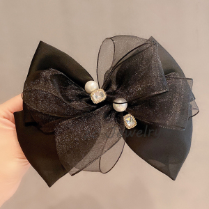 韩国黑色蝴蝶结发夹高级感小众设计欧根纱珍珠后脑勺弹夹新款发卡