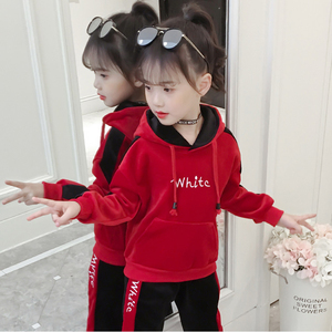 女童春秋装套装2021新款网红洋气秋冬女孩金丝绒加绒卫衣运动儿童