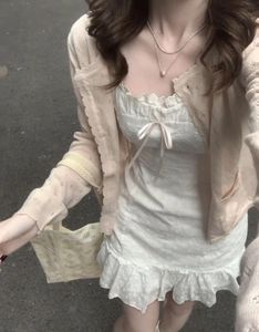 韩系粉色镂空防晒针织开衫女夏季小个子蝴蝶结温柔风叠穿长袖外套