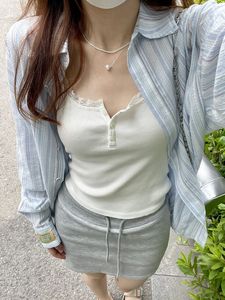 韩系蓝白条纹长袖防晒衬衫女夏季薄款慵懒chic百搭中长款开衫衬衣