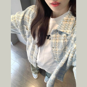 韩版小香风蓝色格子外套女春秋季设计感小众bf风潮牌开衫夹克衬衣