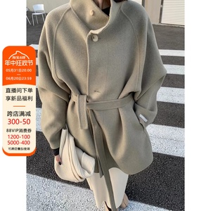 HTBT定制2024韩国东大门立领双面绒大衣女气质宽松系带羊毛呢外套