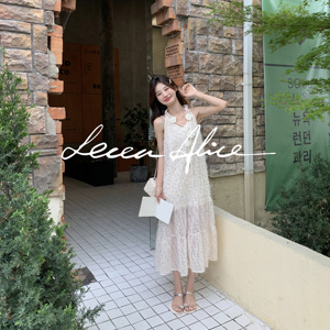 Lecea Alice无袖挂脖连衣裙2024夏季新款法式玫瑰花亮片气质长裙