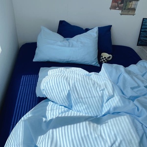 蓝色磨毛全棉床单被套四件套加厚纯棉被单被罩床笠款18m15m床品