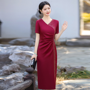 高档旗袍连衣裙红色长款婚宴礼服复古中国风春夏新款包臀遮肚显瘦