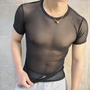 2022-情趣款网纱材质紧身纯色t恤男士透气夏季性感运动短袖