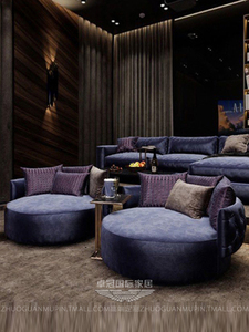 影音室蓝色沙发组合 别墅影院随意沙发套装 法式直排l型沙发单人