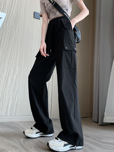 黑色冰丝速干工装裤女夏季薄款小个子抽绳束脚直筒宽松休闲运动裤