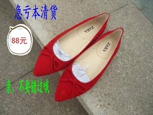 2013新款zara尖头女鞋蓝色红色低跟平底单鞋蝴蝶结漂亮到美婚鞋