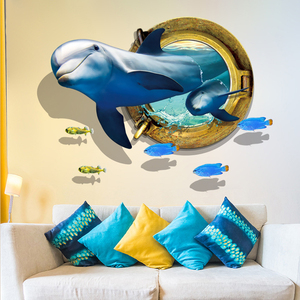 海底世界可爱海豚3D立体特效贴纸鱼客厅儿童房卧室装饰自粘墙贴画