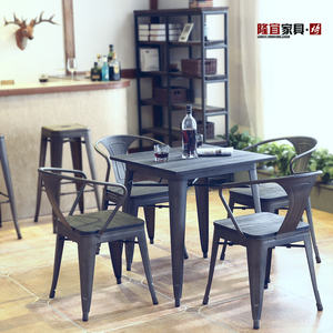 北欧铁艺工业风餐桌家用简约现代四方桌圆形定制餐厅榆木实木桌椅