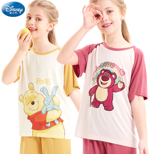 女童薄款睡衣草莓熊印花家居服短袖儿童七分裤维尼小熊卡通套装夏