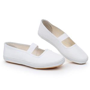 女款白色体操鞋舞蹈表演鞋帆布鞋一字松紧小白鞋学校护士软平底鞋