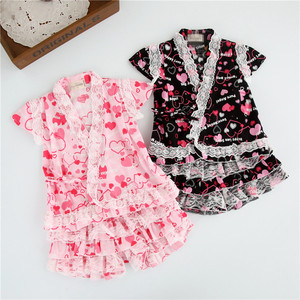 日本日式和风套装女童装儿童蕾丝短袖裤裙和服浴衣甜美蕾丝裙裤套