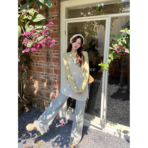 韩系套装女春季镂空蕾丝吊带连衣裙叠穿温柔黄色打底衫T恤两件套