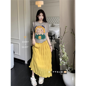 韩系套装女夏季可爱卡通印花短袖针织衫高腰褶皱半身裙时尚两件套