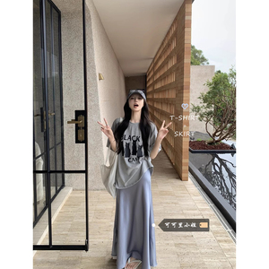 韩系套装女夏季设计感猫咪印花宽松短袖T恤显瘦鱼尾半身裙两件套