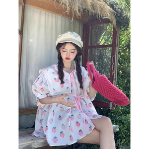 韩系减龄短袖衬衫女夏季新款草莓印花海军领蕾丝边系带宽松娃娃衫