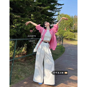 韩系套装女春季粉色长袖衬衫内搭吊带背心白色休闲阔腿长裤三件套