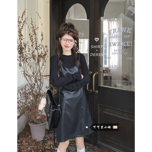 pu皮吊带连衣裙女春季韩版2024新款高级感小个子黑色显瘦A字裙子