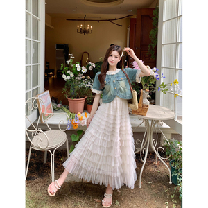 韩版chic套装牛仔短袖外套女夏季新款蕾丝网纱蛋糕半身裙两件套潮