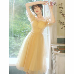 小个子晚礼服裙女气质黄色生日艺考伴娘服秋季短款平时可穿主持人