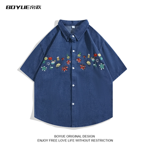 BOYUE帛跃潮流中国风图案刺绣牛仔衬衫男夏季cityboy创意短袖衬衣