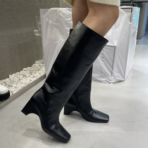 韩7风尚24春季新款方头粗跟拉链高筒女靴 黑色简约大筒围长筒靴子