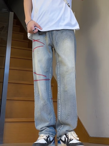 水洗做旧牛仔裤男夏季美式复古红线刺绣直筒裤高街潮牌垂感长裤子