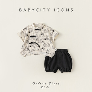 婴儿套装宝宝新中式衣服男宝夏季国风两件套幼儿卡通熊猫套装洋气