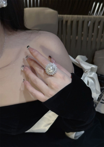 14 mm温柔大姐姐优雅贝珠纯银满钻花卉珍珠戒指女套装小众设计