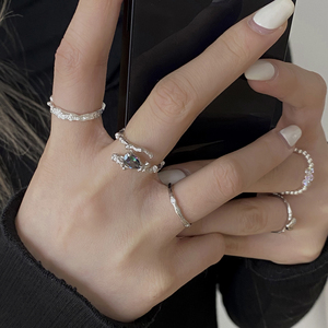 设计戒指女小众S925纯银纹理质感蓝粉锆石开口戒指叠带指环细圈