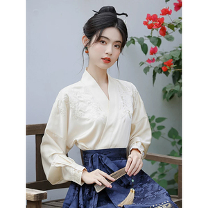 古风交领上衣配马面裙的衬衣女款刺绣长袖改良新中式国风汉服衬衫