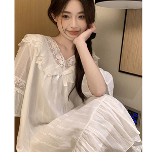 韩版甜美宫廷风睡裙女夏季双层棉麻提花蕾丝宽松短袖长裙白色睡衣