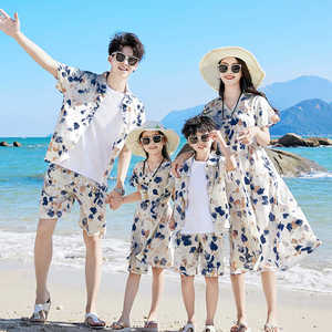 海边度假亲子装一家三口四口夏装父子装沙滩花衬衣套装母女连衣裙