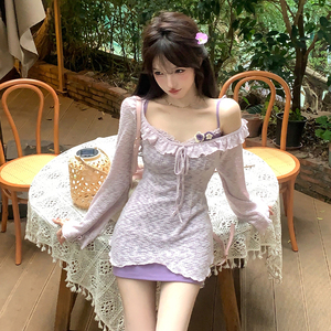 甜辣miu系套装裙春装2024新款紫色甜美吊带连衣裙子女包臀裙短裙